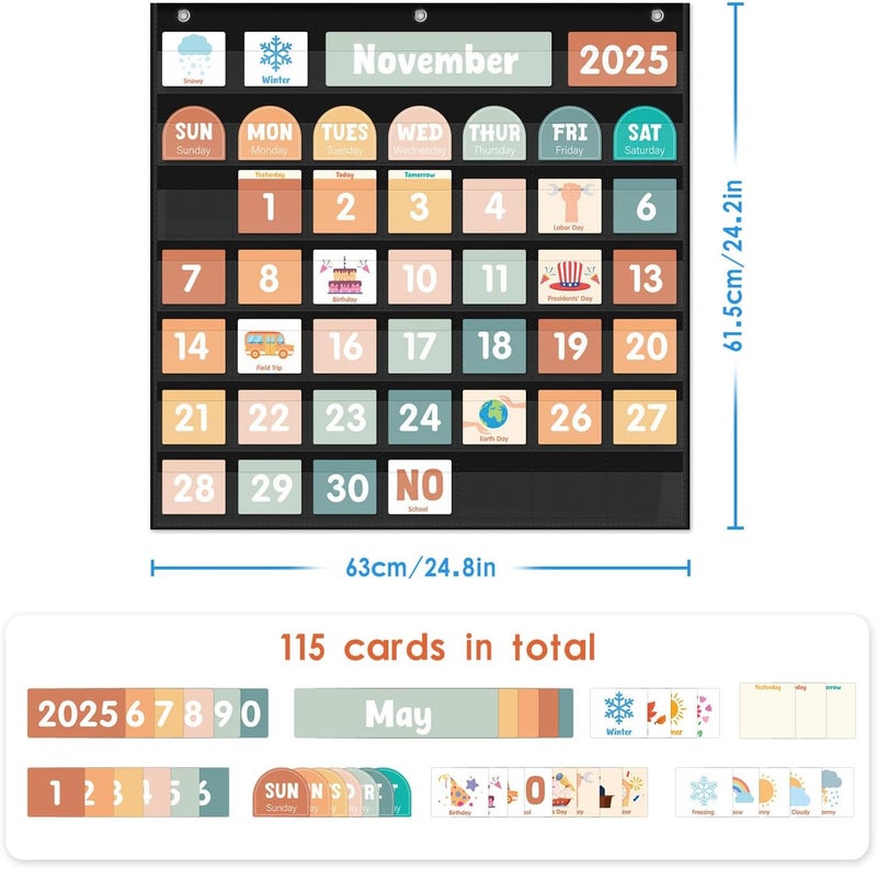 Jenlan Large Calendar Pocket Chart, Calendar Learning Classroom Calendar Pocket Chart with 115 Cards for Classroom Calendar and Weather Pocket Chart for Home Kindergarten Learning(Black) - Image 2